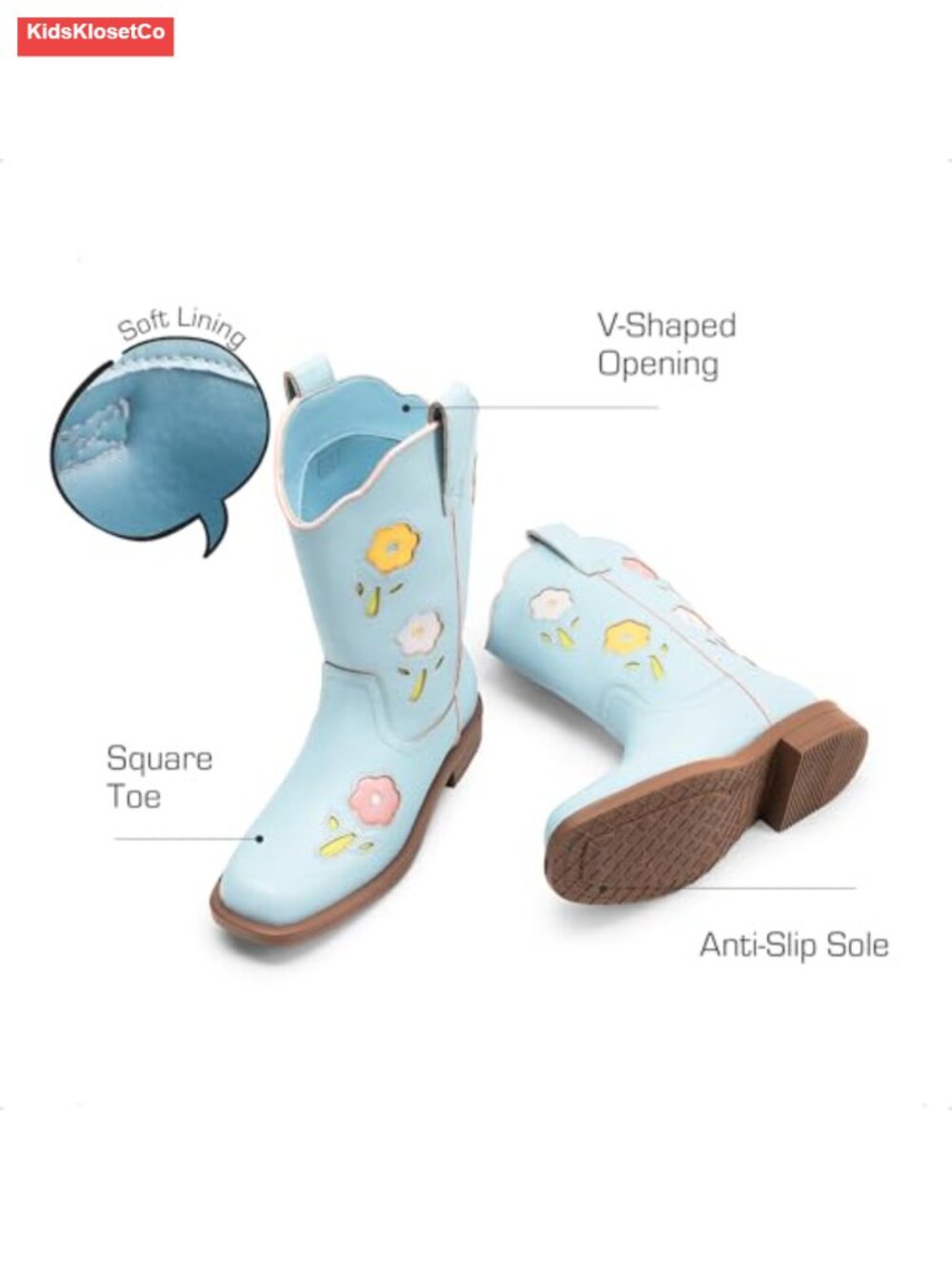 Girls Floral Embroidered Square Toe Cowboy Boots with Dual Pull Tabs - Picture 3 of 6